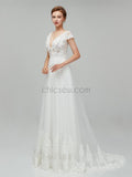 Elegant Cap Sleeves V Neck Lace A-line Long Wedding Dresses XDM1113