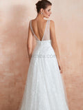 A-line V-neck Tulle Sleeveless Long Wedding Dresses SDP1182