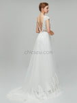 Elegant Cap Sleeves V Neck Lace A-line Long Wedding Dresses XDM1113