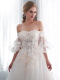 Off the Shoulder Applique Tulle Long Wedding Dresses SDP1168