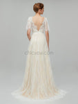 Simple Half Sleeves V Back Lace A Line Long Wedding Dresses XDM1112