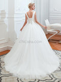 V-neck Ivory Tulle Affordable Long Wedding Dresses SDP1179