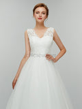 Elegant Lace Top V Back White A-line Long Wedding Dresses XDM1102