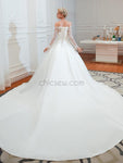 Charming Off Shoulder Long Sleeves Satin A Line Long Wedding Dresses XDM1188