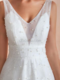 A-line V-neck Tulle Sleeveless Long Wedding Dresses SDP1182