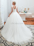 V-neck Ivory Tulle Affordable Long Wedding Dresses SDP1179