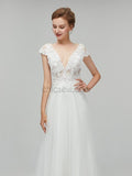 Elegant Cap Sleeves V Neck Lace A-line Long Wedding Dresses XDM1113