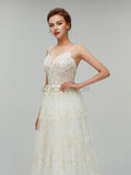 Spaghetti Strap Lace Backless Sweep Trailing Long Wedding Dresses XDM1104