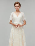 Simple Half Sleeves V Back Lace A Line Long Wedding Dresses XDM1112