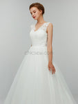 Elegant Lace Top V Back White A-line Long Wedding Dresses XDM1102