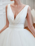 V-neck Ivory Tulle Affordable Long Wedding Dresses SDP1179