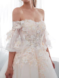 Off the Shoulder Applique Tulle Long Wedding Dresses SDP1168