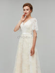 Simple Half Sleeves V Back Lace A Line Long Wedding Dresses XDM1112