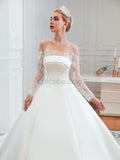 Charming Off Shoulder Long Sleeves Satin A Line Long Wedding Dresses XDM1188