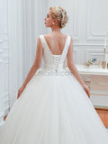 V-neck Ivory Tulle Affordable Long Wedding Dresses SDP1179