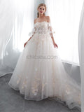 Off the Shoulder Applique Tulle Long Wedding Dresses SDP1168