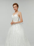 A-line Sparkly V Neck Sequin A Line Backless Long Wedding Dresses XDM1101