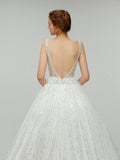 A-line Sparkly V Neck Sequin A Line Backless Long Wedding Dresses XDM1101