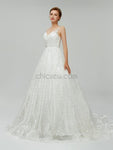 A-line Sparkly V Neck Sequin A Line Backless Long Wedding Dresses XDM1101