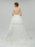 A-line Sparkly V Neck Sequin A Line Backless Long Wedding Dresses XDM1101